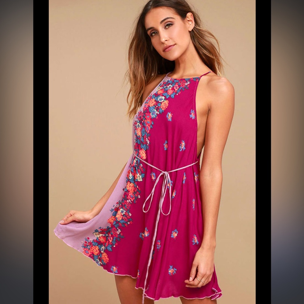 Free People Size Small It's a Cinch Magenta Floral Print Dress Bohemian Beach